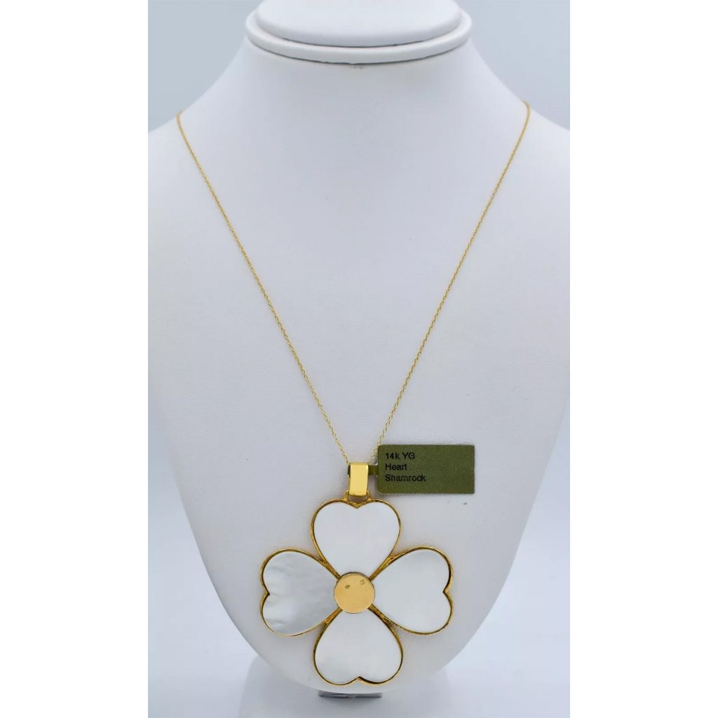 Mother Pearl Four Leaf Heart Shamrock Pendant Solid 14k Solid Yellow Gold